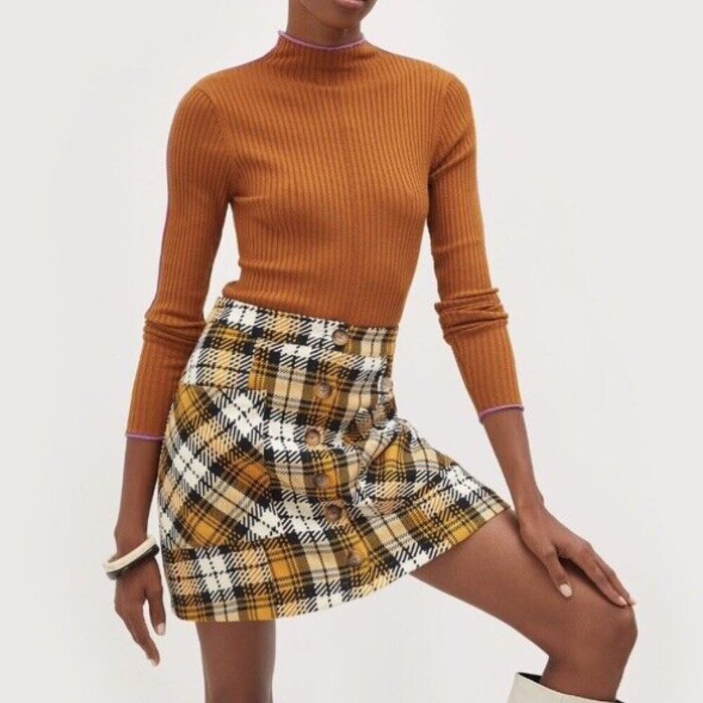 New With Tags NWT Anthropologie Maeve Plaid Button-Front Tweed Skirt Sz 14 Large